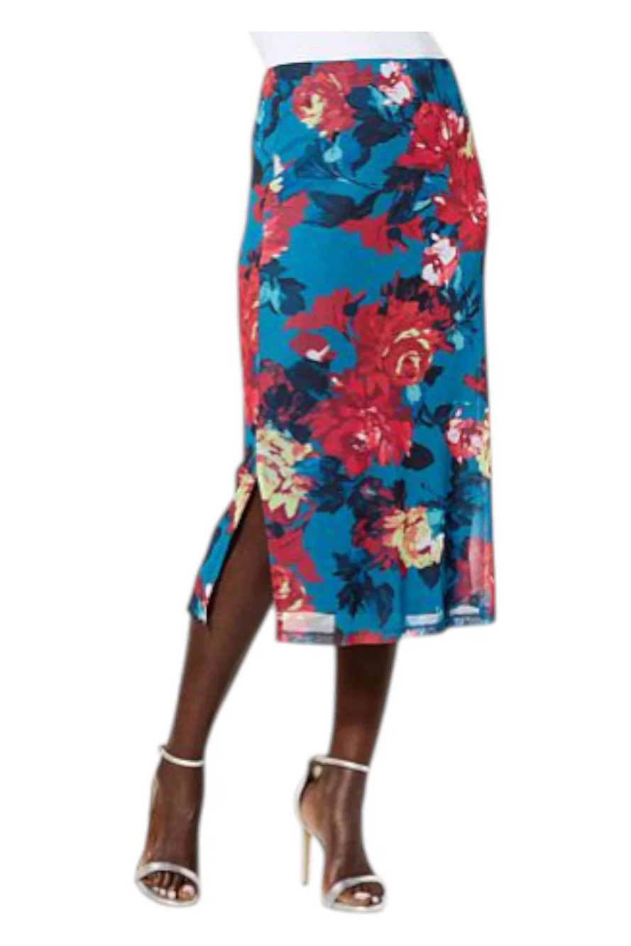 IMAN Global Chic Women's Printed Mesh Skirt w/ Ruched Detail Teal - Regular